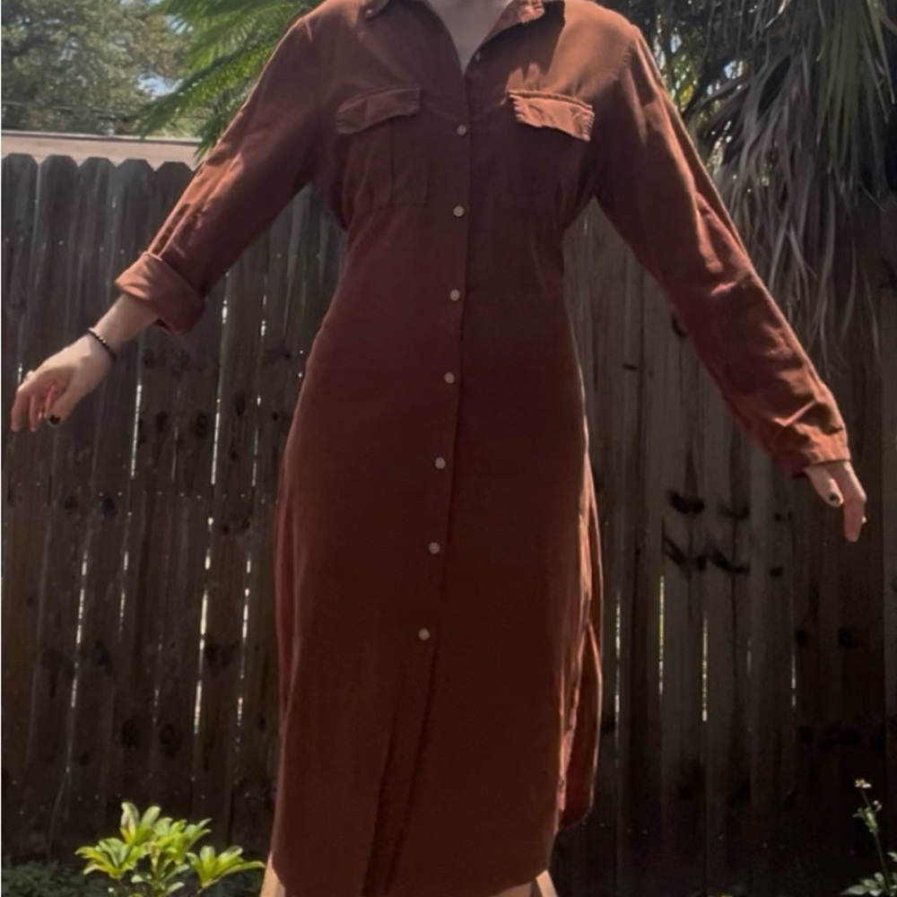 Casual Burnt Orange Corduroy Button-Up Dress